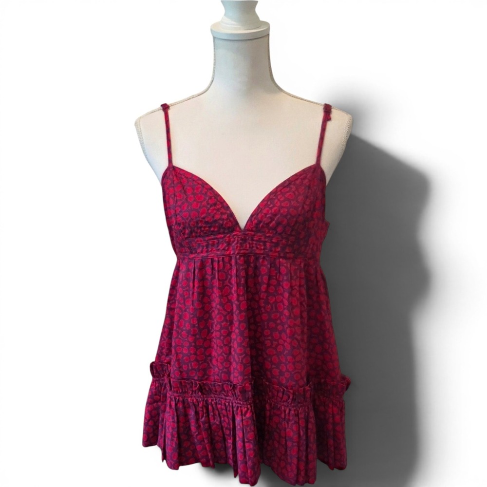 Marc Jacobs Cami Top Cotton Leopard Babydoll Ruffle Magenta Indie Y2K Size 6